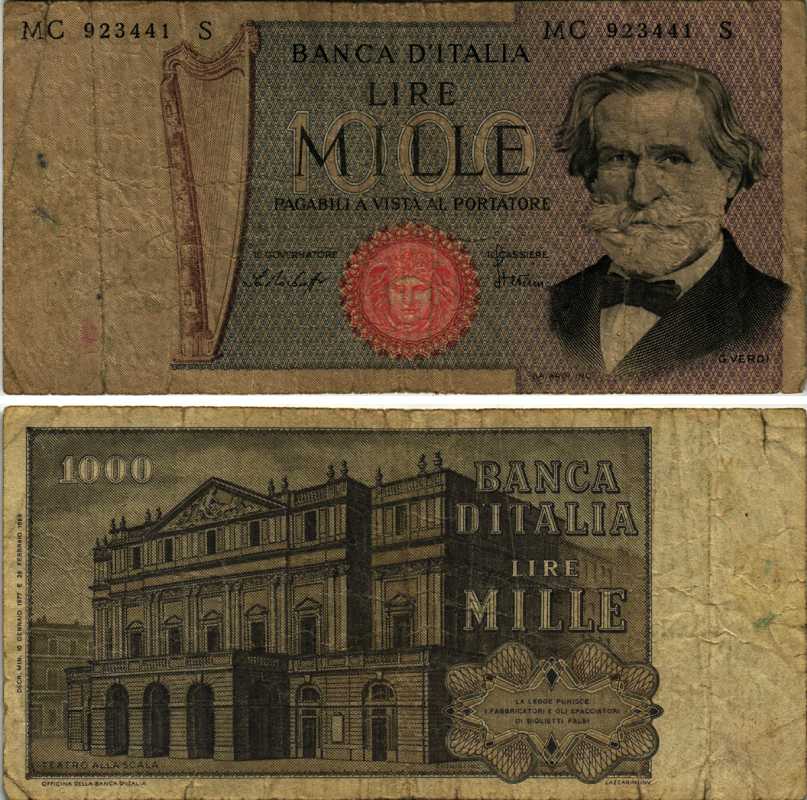 Италия 1000 лир 1977 Джузеппе Верди, Милин Ла Скала Pick 101e бумага 7548-121-2-1
