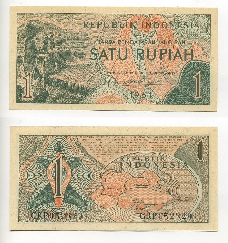 Индонезия 1 рупия 1961 сбор урожая риса Pick 78 бумага UNC (пресс) 6317-25-3