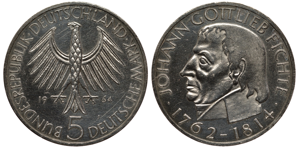ФРГ 5 марок 1964 J, 150 лет со дня смерти Иоганна Готлиба Фихте J. 393, KM 118.1 серебро 413-1424