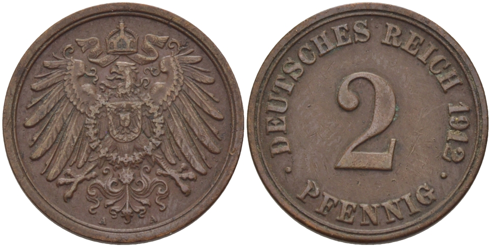 Германия 2 пфеннига 1912 A KM 16, J. 11, Weege 4 медь 100-317