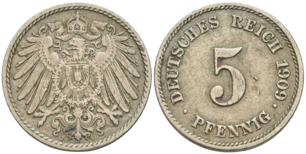ГЕРМАНИЯ 5 ПФЕННИГОВ 1909 J KM 11, J. 12 медно-никель 105-139