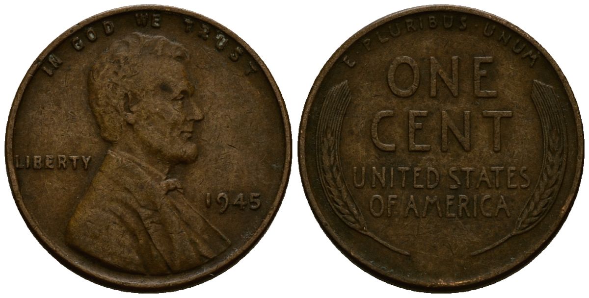 США 1 цент 1945 Линкольн KM A132 медь цинк 4164-842