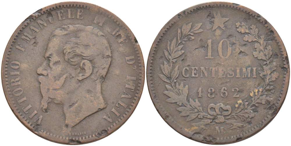 ИТАЛИЯ 10 ЧЕНТЕЗИМО 1862 M, МОНДВОР МИЛАН, ВИКТОР ЭММАНУИЛ II (1861-1878) KM 11.1 медь 4526-712
