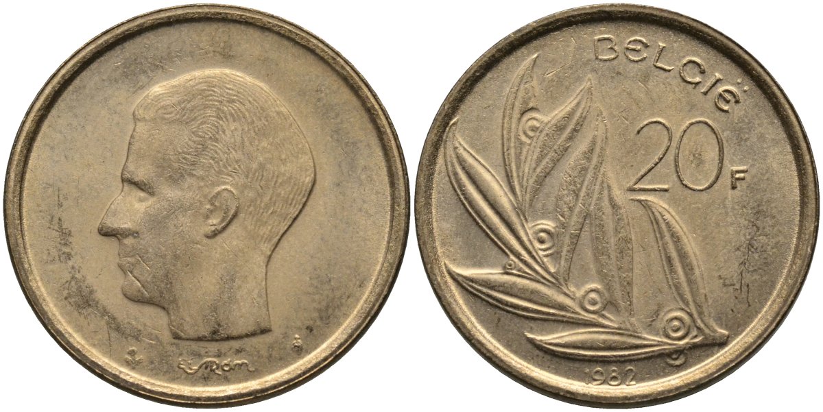 Бельгия 20 франков 1982 BELGIE KM 160 никель бронза UNC 4171-711