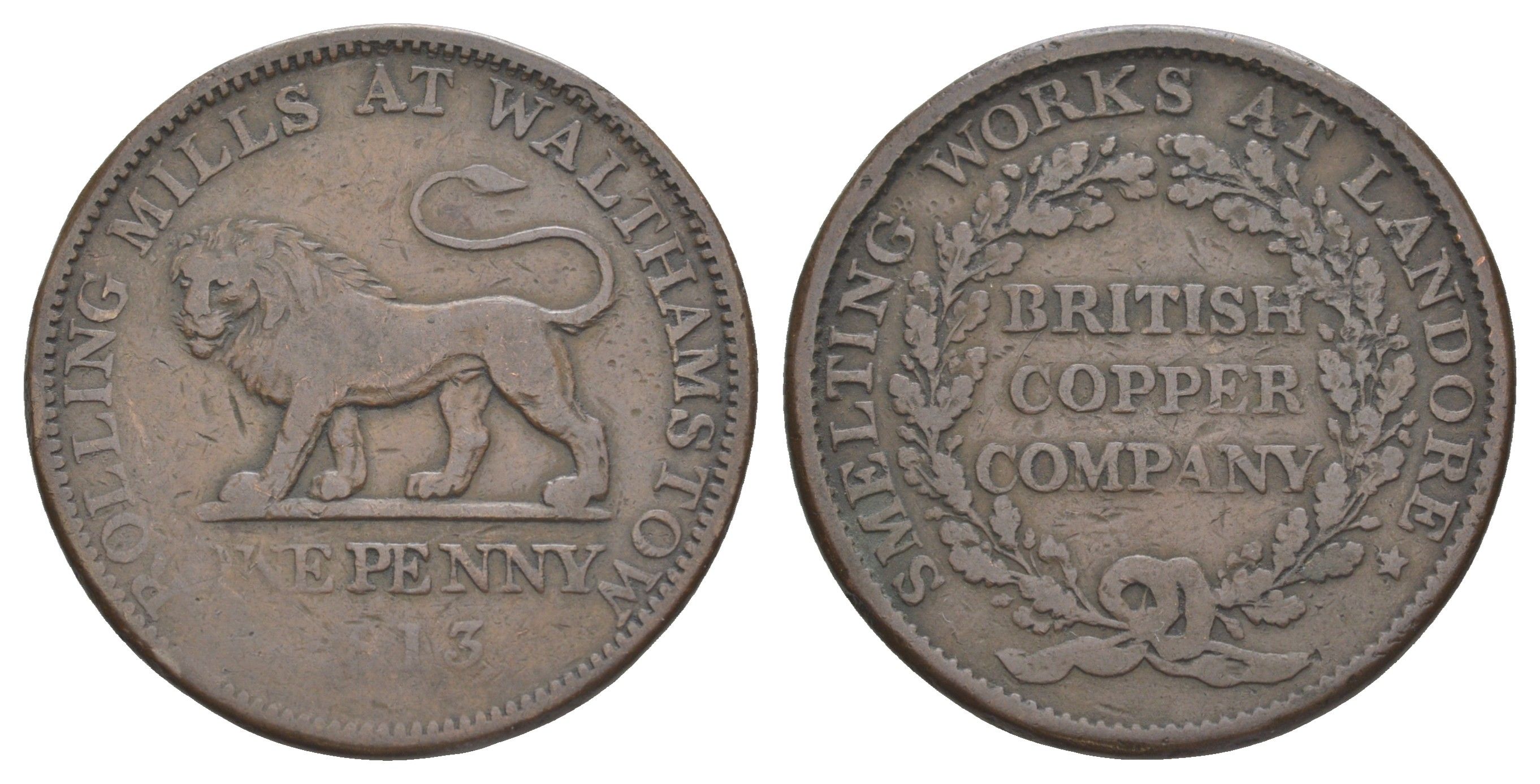 Великобритания, Уолтамстоу, Ландор 1 пенни 1813 токен, гладкий гурт Davis 15 медь 3711-512