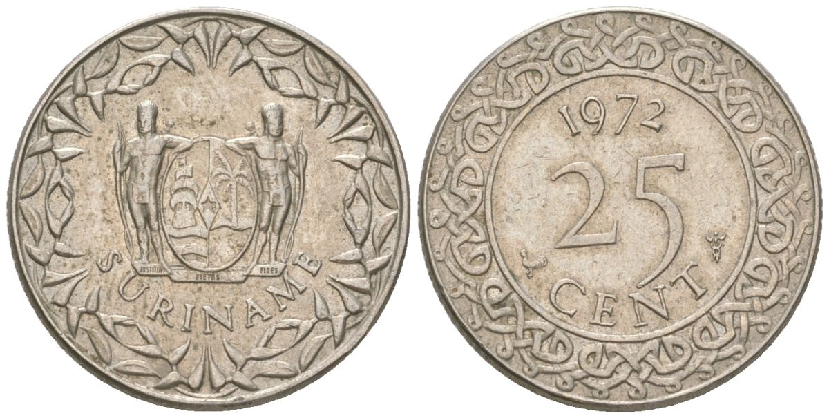 Суринам 25 центов 1972 KM 14 медно-никель 4611-828