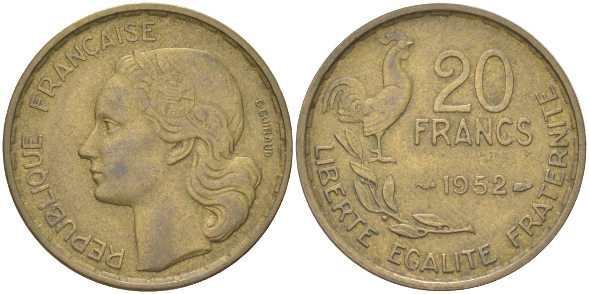 Франция 20 франков 1952 петух KM 917 алюминиевая бронза 4159-1014