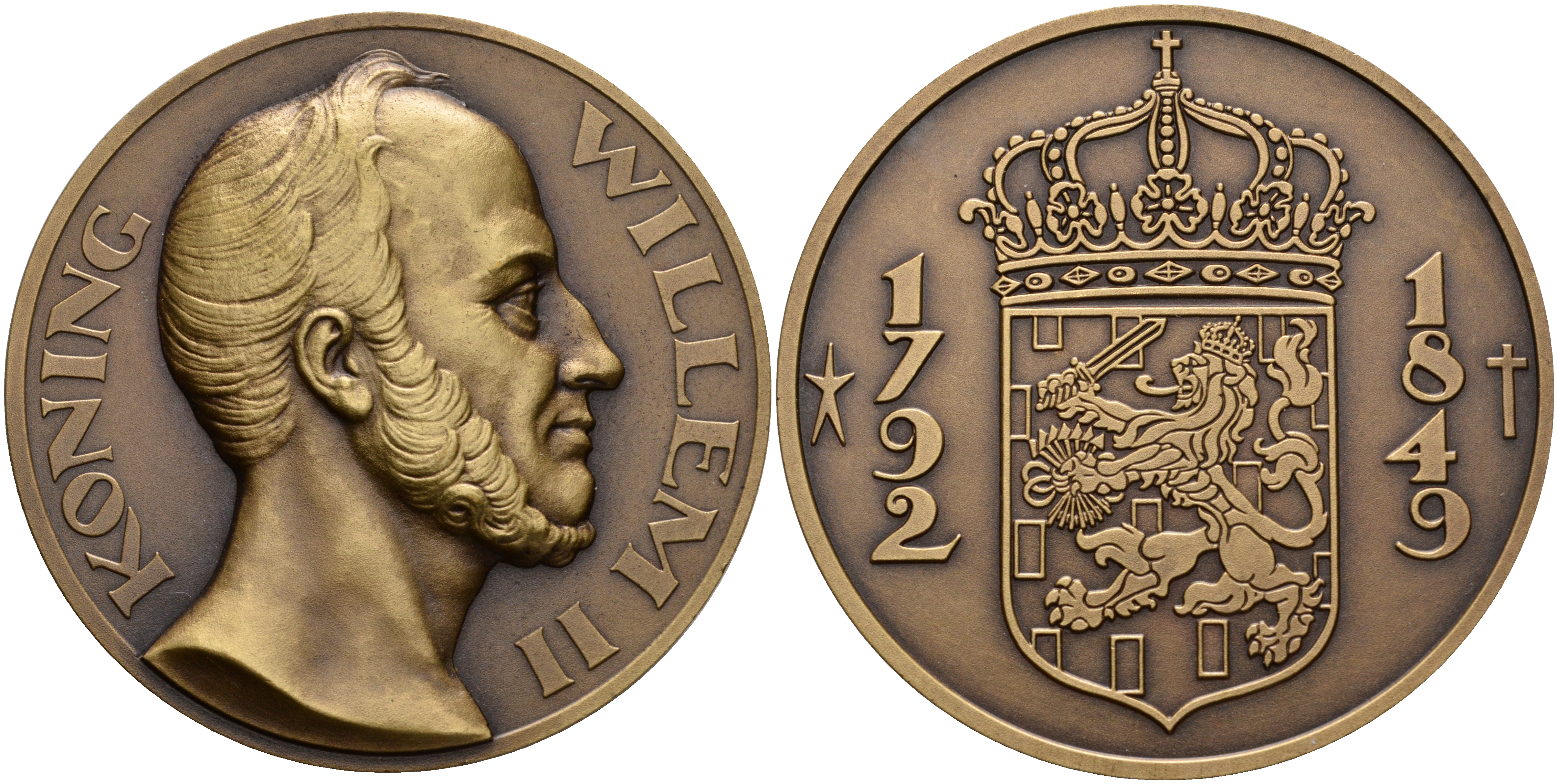 Нидерланды медаль ND король Вильгельм II, (1792-1849), диаметр 50 мм., вес 58.4 г. бронза UNC 5-6-2-57