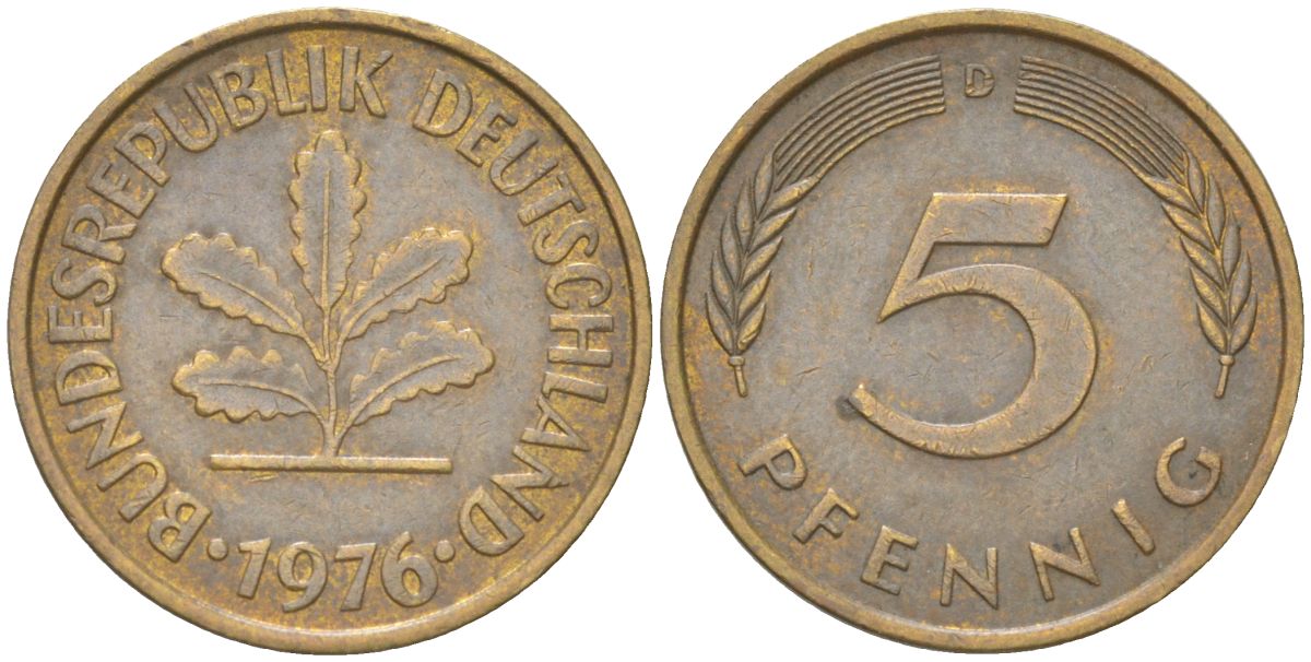 ФРГ 5 пфеннигов 1976 D KM 107 сталь плакированная латунью 4613-1227