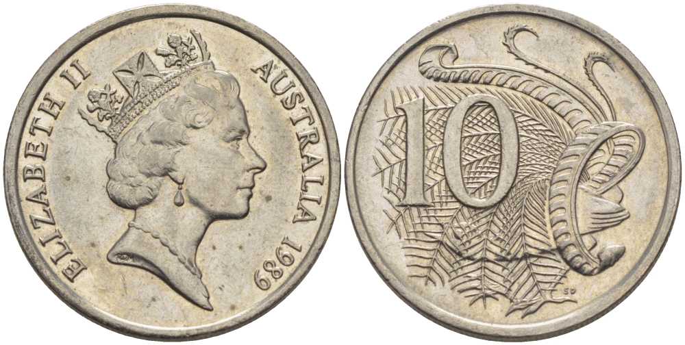 АВСТРАЛИЯ 10 ЦЕНТОВ 1989 ЕЛИЗАВЕТА II, ВТОРОЙ ПОРТРЕТ В КОРОНЕ, ПТИЦА ЛИРАХВОСТ KM 81 медно-никель 4395-735