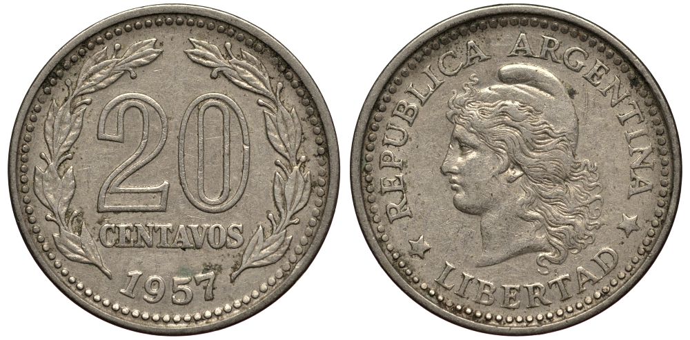 Аргентина 20 сентаво 1957 голова Свободы влево KM 55 сталь плакированная никелем 4182-232