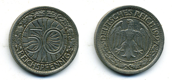 Германия 50 рейхспфеннигов 1927 A KM 49, J. 324 никель 58-154