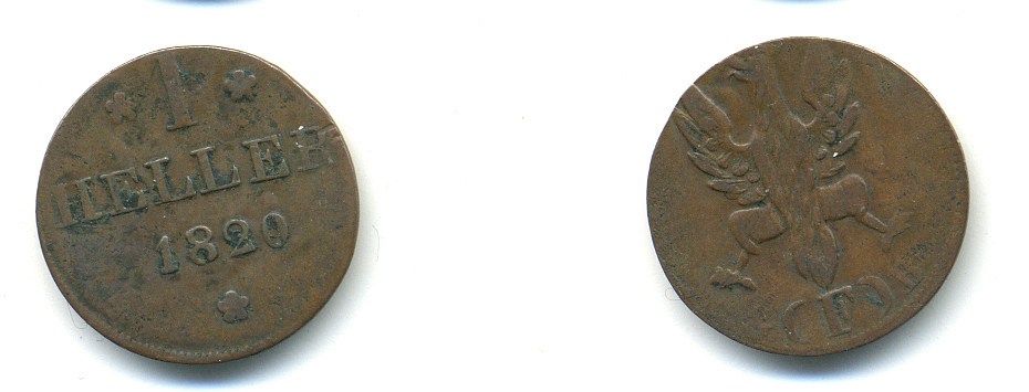 Франкфурт 1 геллер 1820 GB AKS 30, Jaeger 10, KM 301 медь 46-334