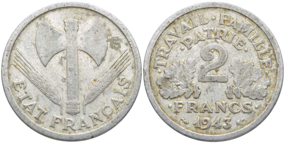 Франция 2 франка 1943 правительство Виши KM 904.1, LE FRANC 270.2 алюминий 109-1222