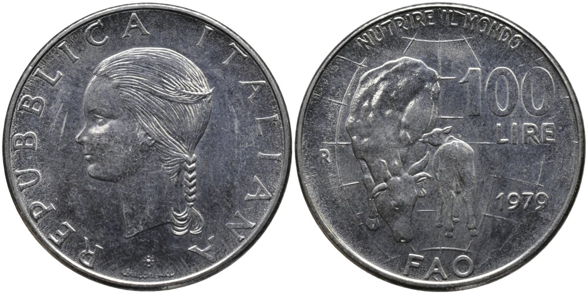 Италия 100 лир 1979 R, FAO, корова с теленком KM 106 нержавеющая сталь 4165-113