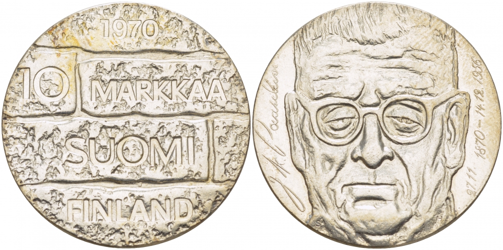Финляндия 10 марок 1970 S-H, день рождения президента Юхо Паасикиви KM 51 серебро UNC 1515-1411