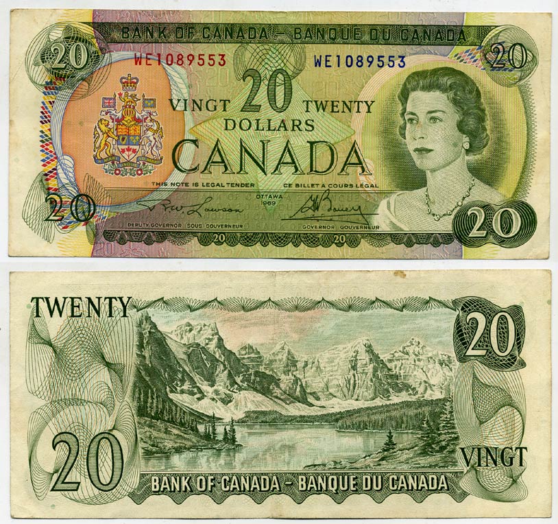 Канада 20 долларов 1969 Елизавета II (1952-), подписи LAWSON-BOUEY Pick 89 b бумага 000-00-00