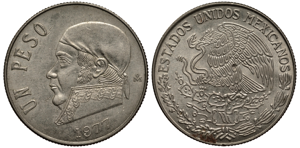Мексика 1 песо 1977 Хосе Мария Морелос, тонкие цифры даты KM 460 медно-никель VF+ 215-921