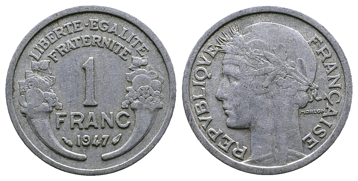 ФРАНЦИЯ 1 ФРАНК 1947 KM 885a.1 алюминий 261-425