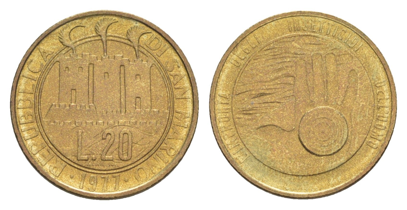 Сан-Марино 20 лир 1977 Экология KM 67 алюминиевая бронза UNC 4647-217