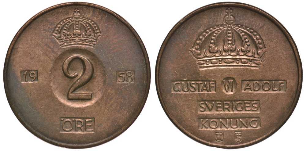 Швеция 2 эре 1958 T;S, Густав VI Адольф (1950-1973) KM 821 бронза 113-812
