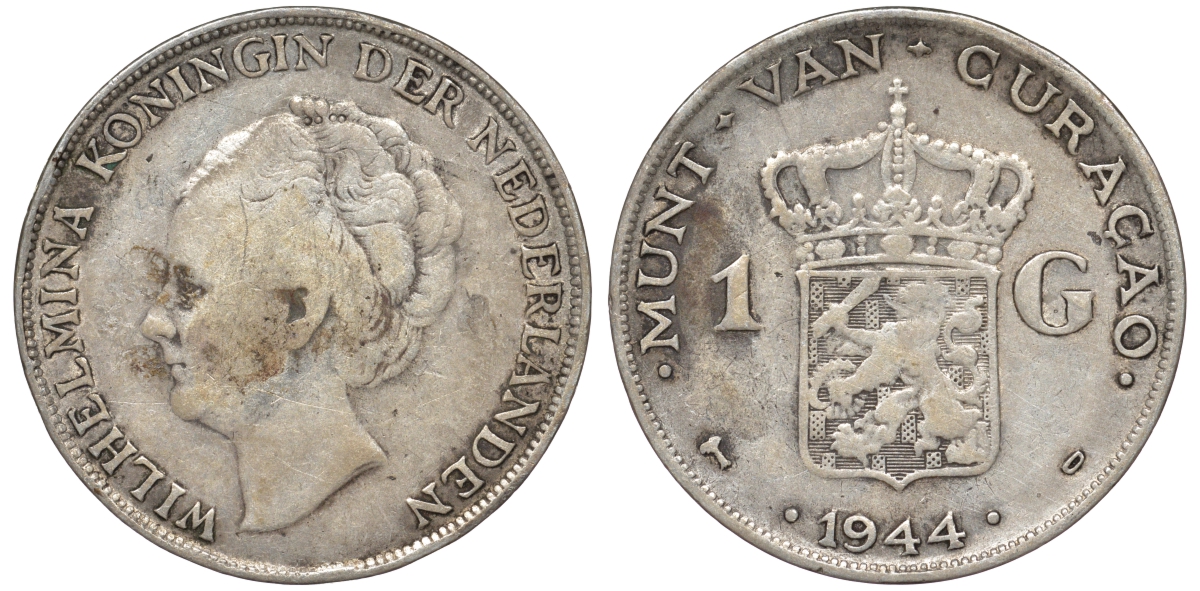 Нидерландское Кюрасао 1 гульден 1944 D, Вильгельмина (1890-1948) KM 45 серебро 36-231