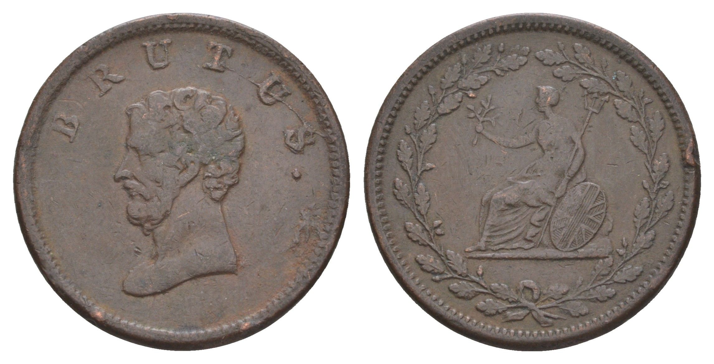 Великобритания 1/2 пенни ND (1809-1810) Георг III (1760-1820), Марк Юний Брут, гурт гладкий, Британская медная компания, токен Withers 618 медь 413-2522