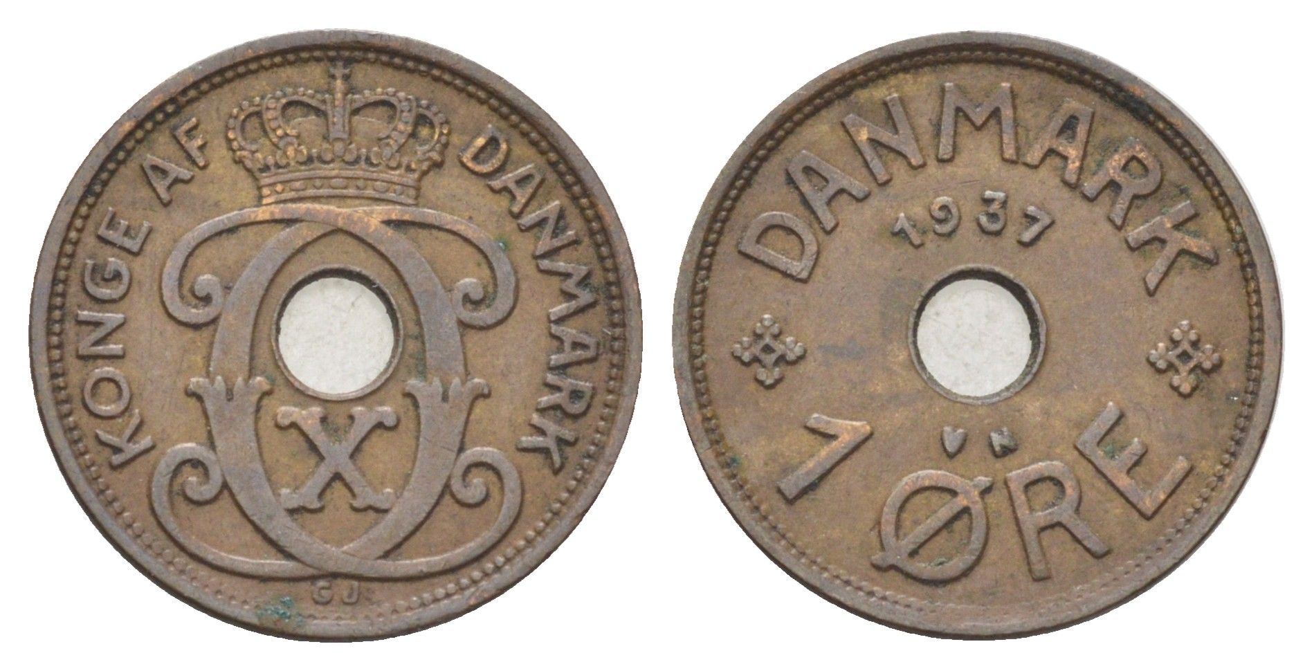 Дания 1 эре 1937 N, Кристиан X (1912-1947) KM 826 бронза 4701-615