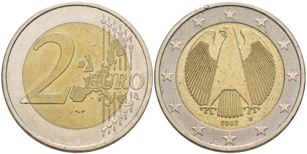ГЕРМАНИЯ 2 ЕВРО 2002 D KM 214 биметалл 4543-456