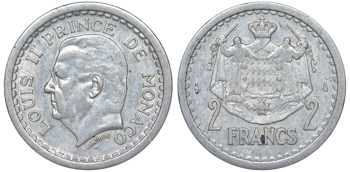 Монако 2 франка 1943 Луи II (1922-1949) KM 121 алюминий 51-2056