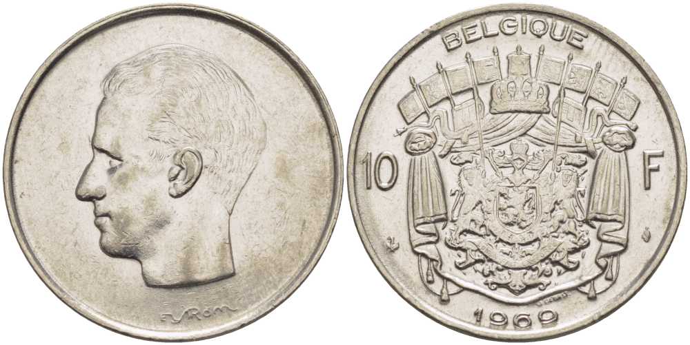 Бельгия 10 франков 1969 Belgique, Бодуэн I (1951-1993) KM 155.1 никель 213-626