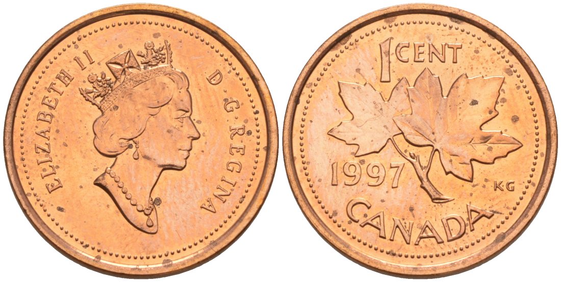 Канада 1 цент 1997 Елизавета II, кленовый лист KM 289 сталь плакированная медью UNC 188-142