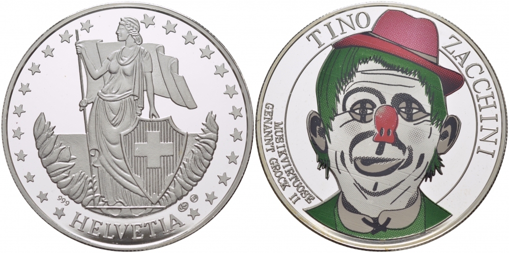 ШВЕЙЦАРИЯ МЕДАЛЬ ND ТИНО ЦАККИНИ, КЛОУН, ЦВЕТНАЯ ЭМАЛЬ серебро PROOF 01-144-24
