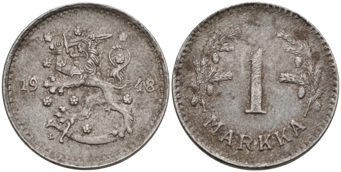 ФИНЛЯНДИЯ 1 МАРКА 1948 L KM 30b железо 4563-657