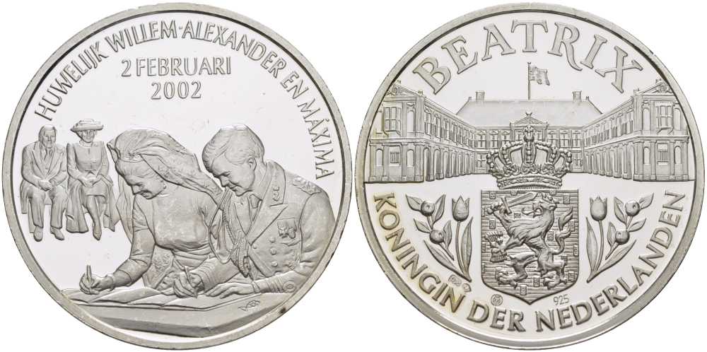 НИДЕРЛАНДЫ МЕДАЛЬ 2002 КОРОЛЕВА БЕАТРИКС, 2 ФЕВРАЛЯ 2002 ГОДА БРАКОСОЧЕТАНИЕ ВИЛЛЕМА-АЛЕКСАНДРА И МАКСИМЫ, ДИАМЕТР 38,5 ММ., ВЕС 22,12 ГР. серебро PROOF 1076-8-14