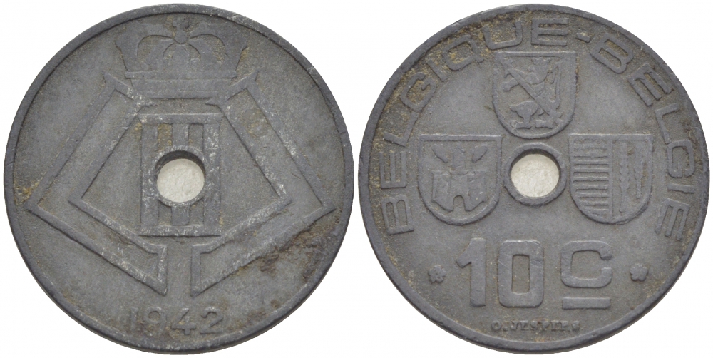 Бельгия 10 сантимов 1942 Belgique - Belgie, Леопольд III (1934-1947), германская оккупация, Вторая мировая война KM 125 цинк 4529-257