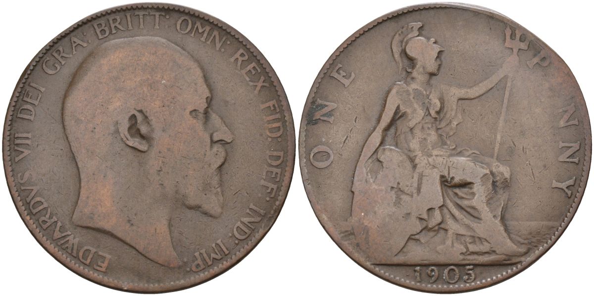 Великобритания 1 пенни 1905 Эдуард VII (1901-1910) KM 794.2, Sp 3990 бронза 4117-731