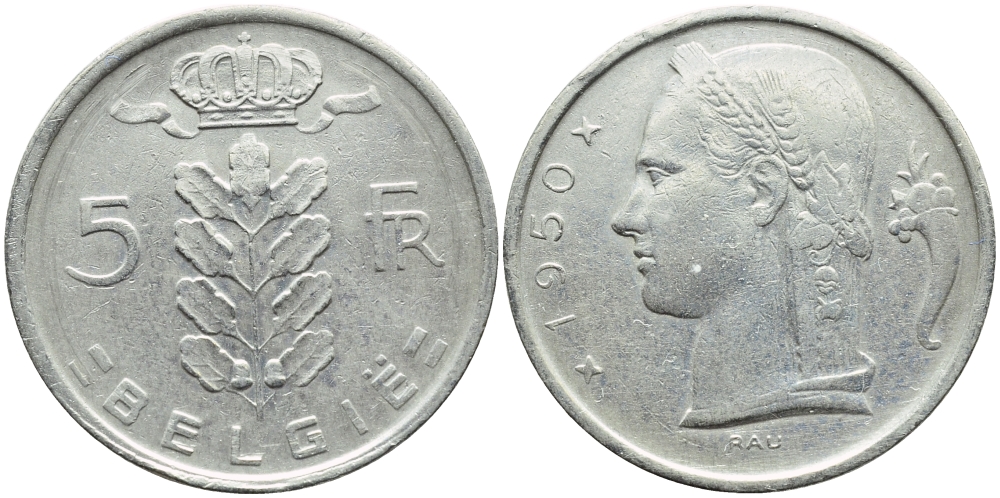 БЕЛЬГИЯ 5 ФРАНКОВ 1950 BELGIE KM 135.1 медно-никель 3999-745