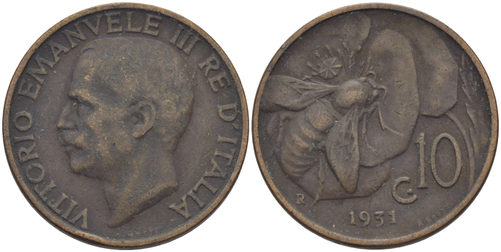 ИТАЛИЯ 10 ЧЕНТЕЗИМО 1931 R, ПЧЕЛА, ВИКТОР ИМАНУИЛ III KM 60 медь 28-114