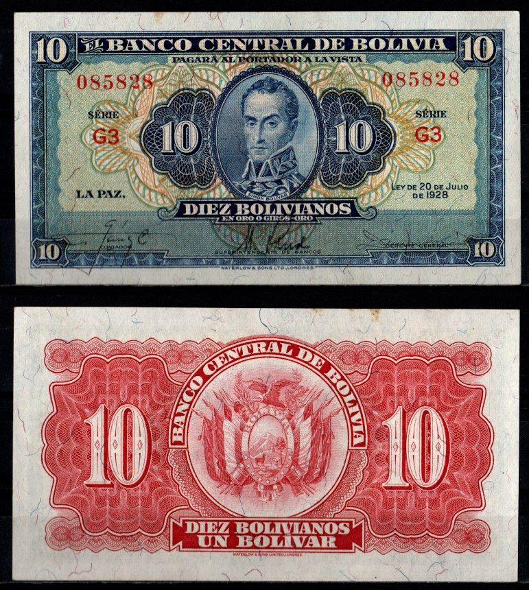 Боливия 10 боливиано 1928 Pick 130 (5) бумага аUNC 6280-15-2-2
