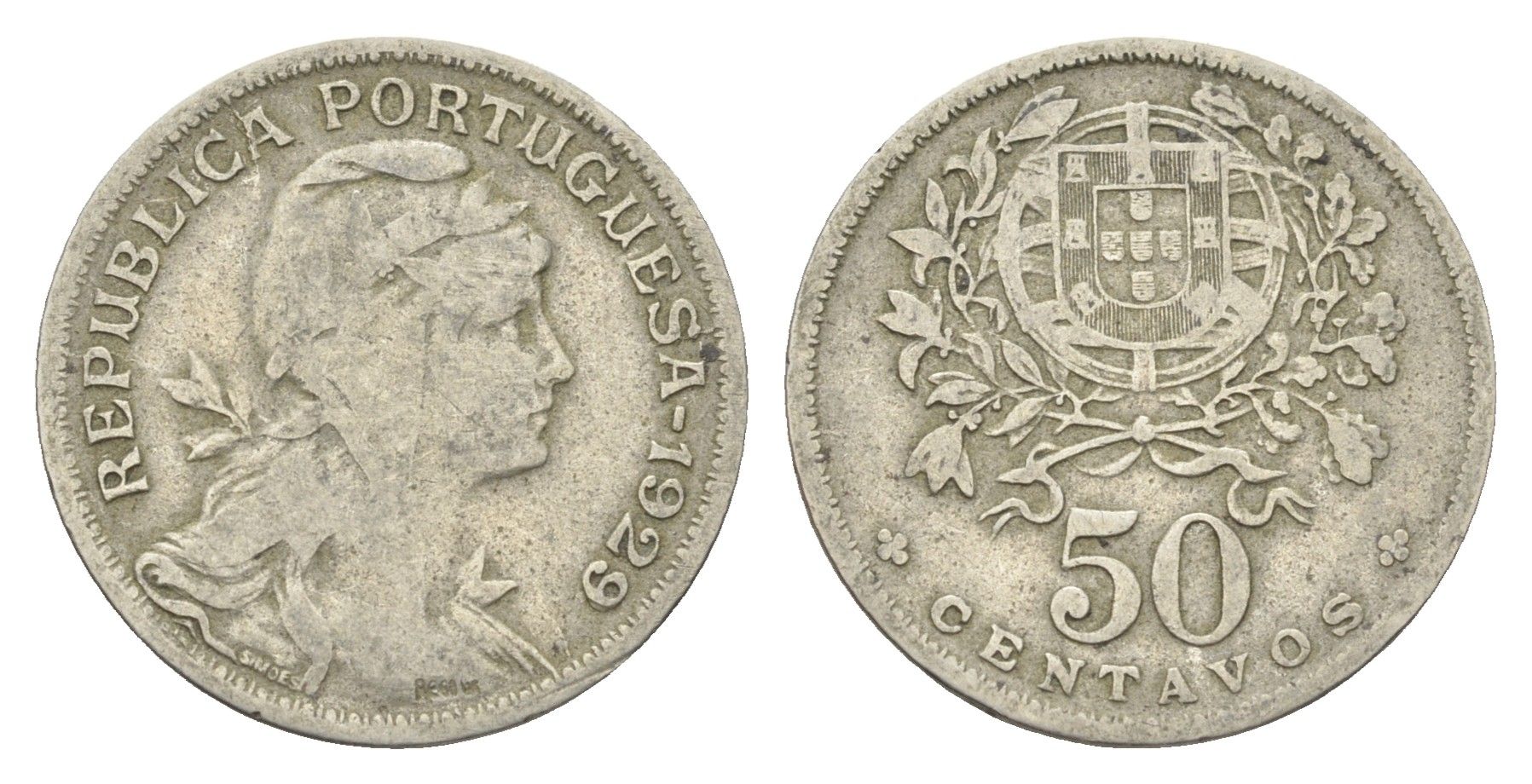 Португалия 50 сентаво 1929 голова Свободы вправо KM 577 никель латунь 4659-629