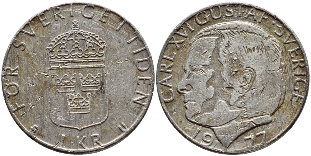 Швеция 1 крона 1977 Карл XVI Густав (1973- ) KM 852 медь плакированная медно-никелем 4397-831