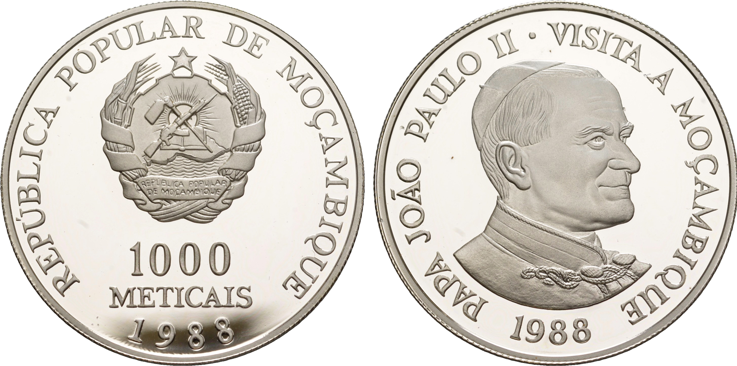 Мозамбик 1000 метикалей 1988 визит в Мозамбик папы Иоанна Павла II KM 109 a серебро  PROOF  1079-5-24