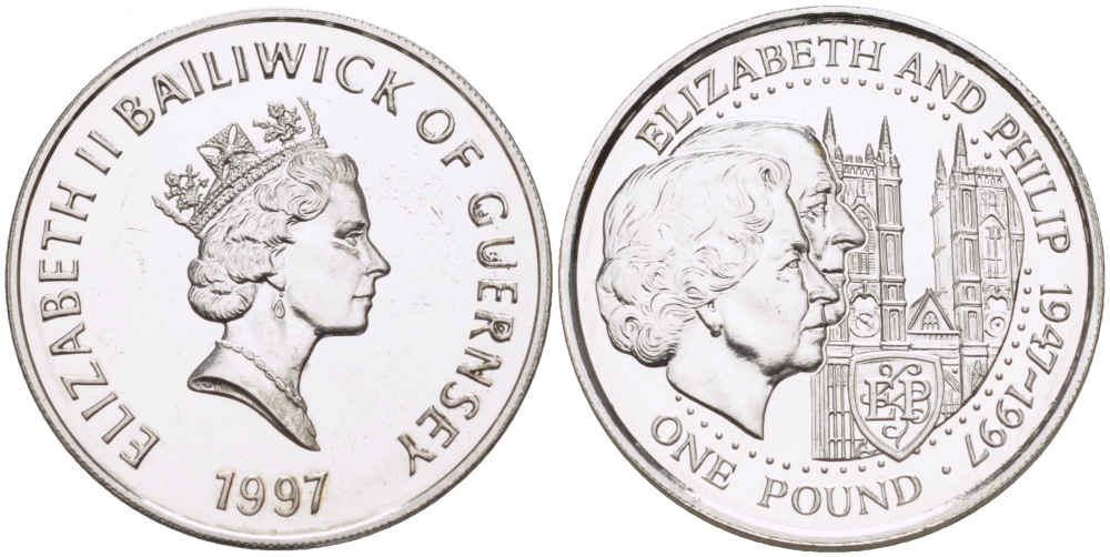 Гернси 1 фунт 1997 Елизавета и Филлип, золотая свадьба KM 70 серебро UNC 650-231