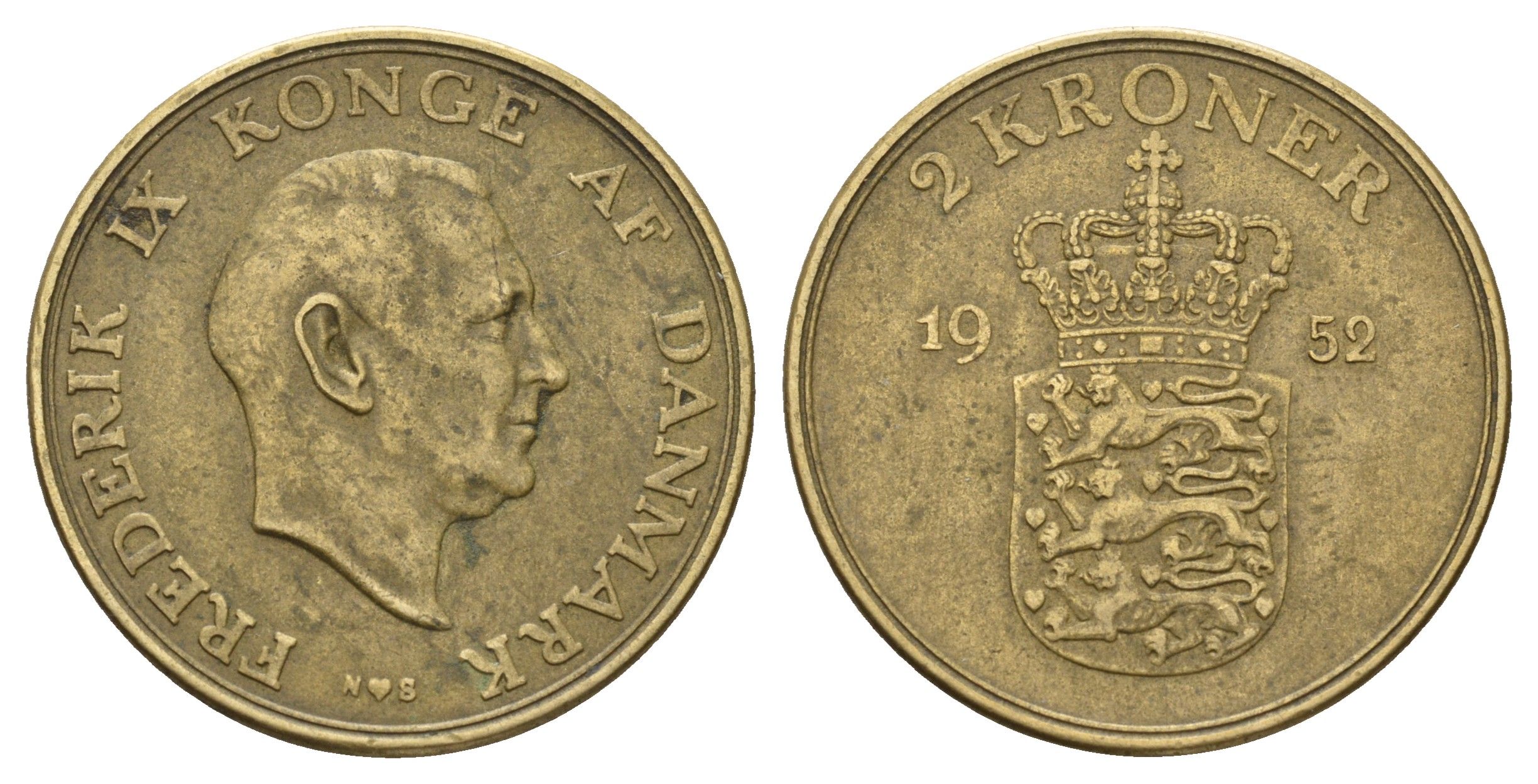 Дания 2 кроны 1952 N, Фредерик IX (1947-1972) KM 838 алюминиевая бронза 4680-221