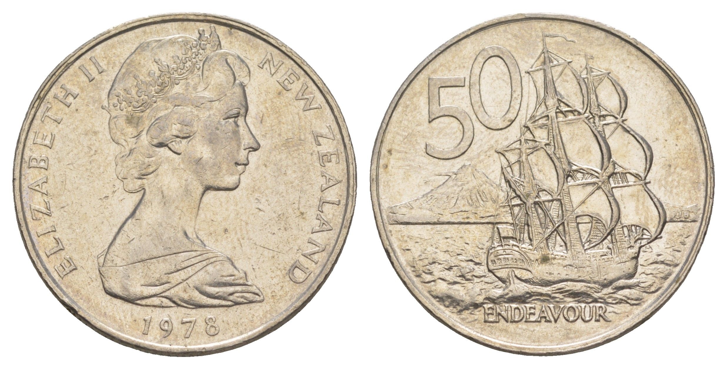Новая Зеландия 50 центов 1978 Елизавета II (1952-2022), парусник Индевор KM 37 медно-никель 189-332