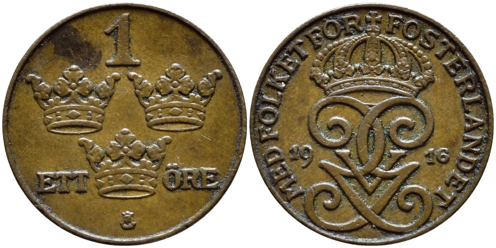 Швеция 1 эре 1916 короткая 6, Густав V (1907-1950) KM 777.2 бронза 4396-168