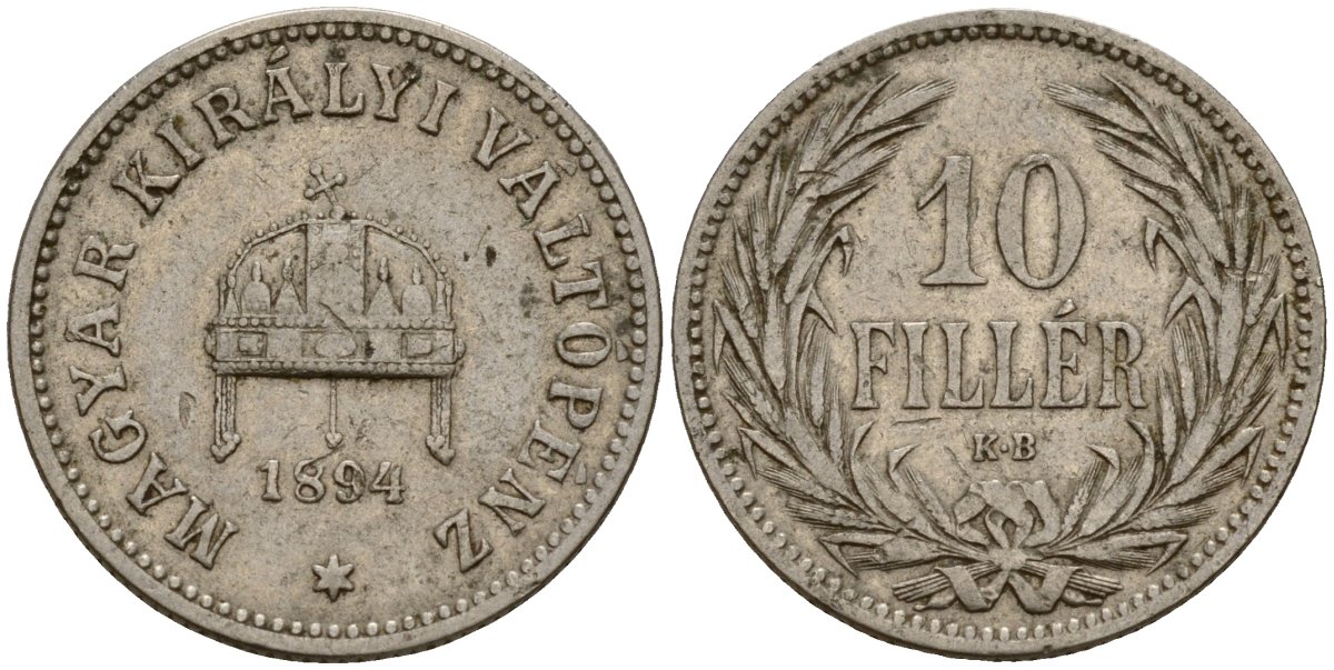 Венгрия 10 филлеров 1894 KB, Франц Иосиф I (1848-1916) KM 482 никель 4154-842