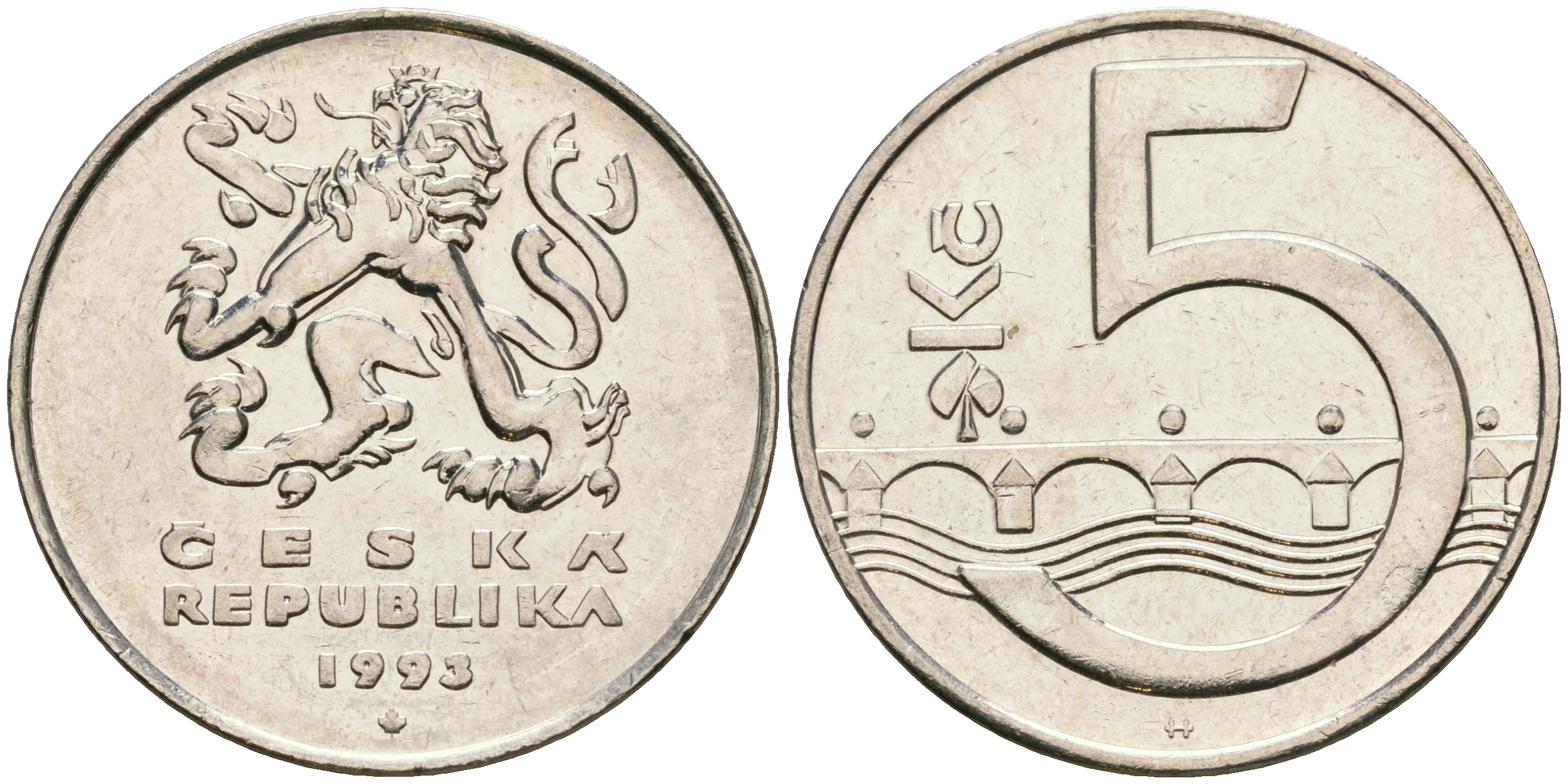 Чехия 5 крон 1993 чешский лев, Карлов мост KM 8 сталь плакированная никелем 08-924