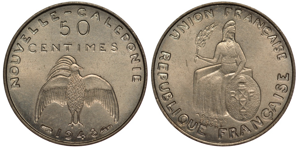 Французская Новая Каледония 50 сантим 1948 PROBA, ESSAI KM E2 никель бронза UNC 272-231